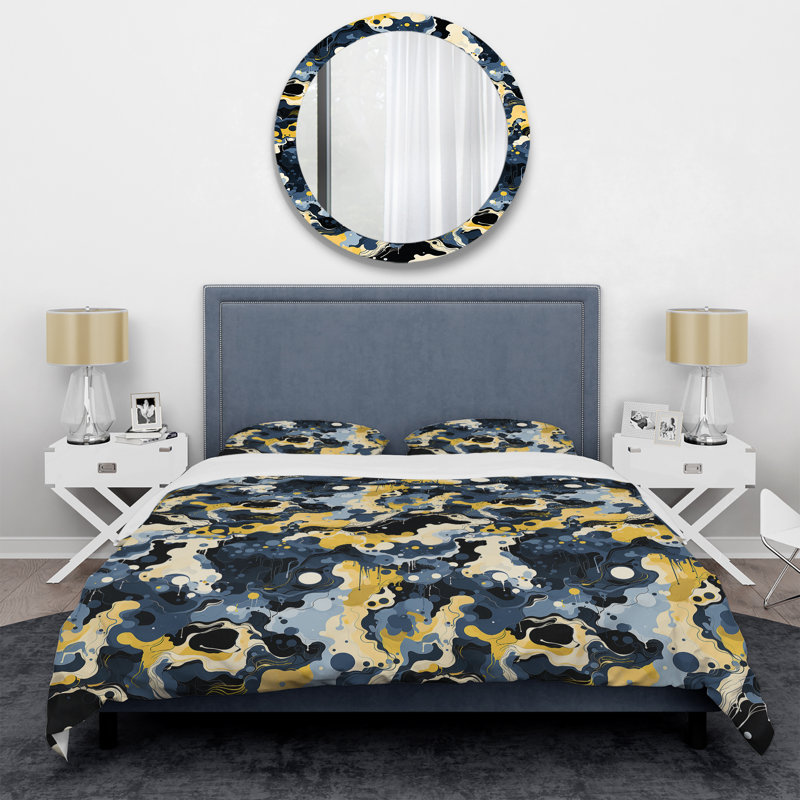Literie sérénité à encre liquide bleue et jaune, Housse de couette pour grand lit et 2 taies décor