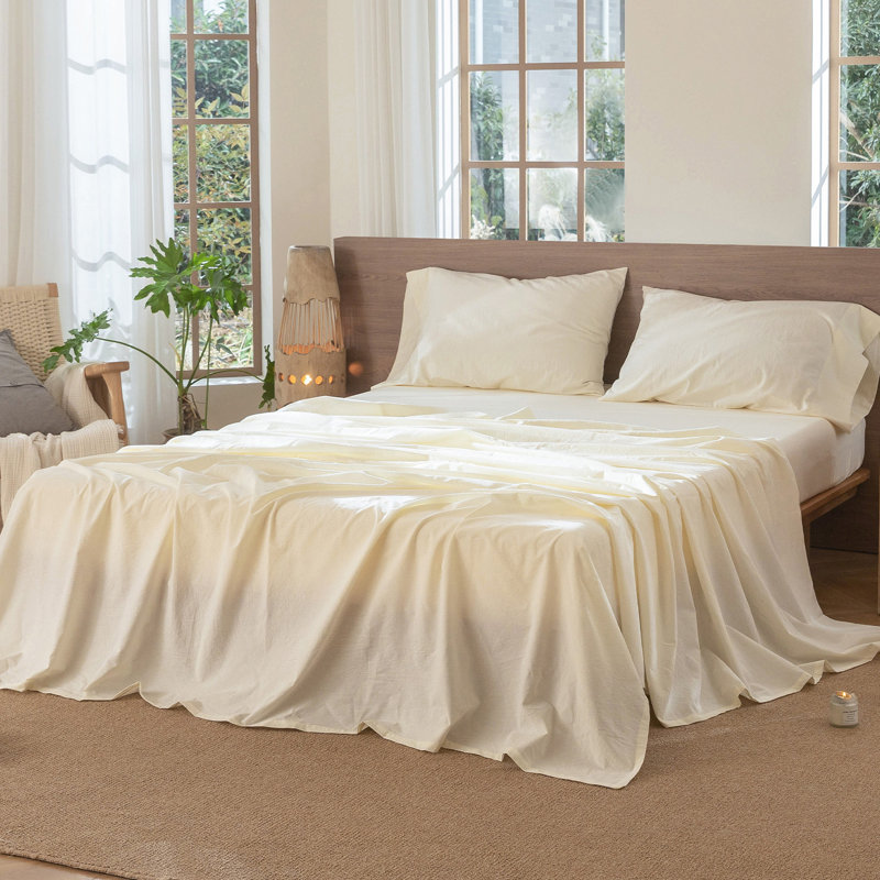 MooMee Flat Sheet 100% Washed Cotton Linen Like Textured Breathable Lightweight, Cream White, King Flat Sheet