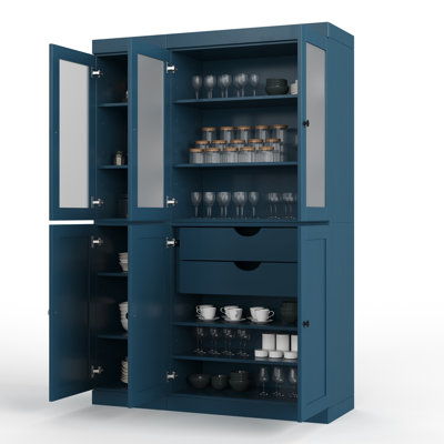 Garde-manger 100% bois massif 48,5 po avec verre givré, portes Shaker, 2 tiroirs et tablettes réglables