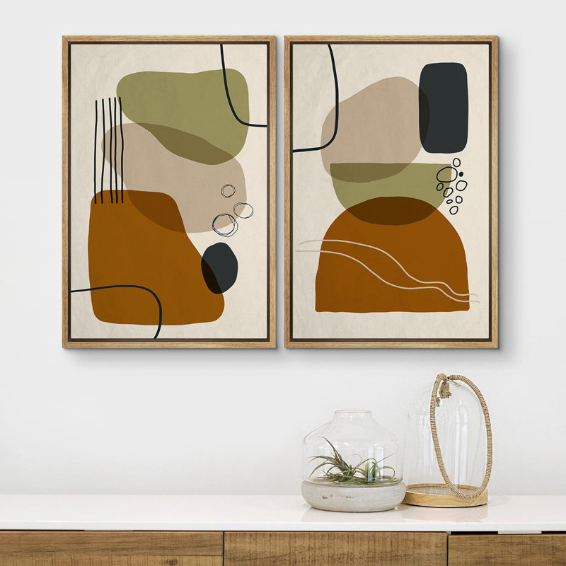 Reproduction de style Mid-Century brun vert et gris, symbole de collage de formes abstraites modernes sur toile, 2 pièces