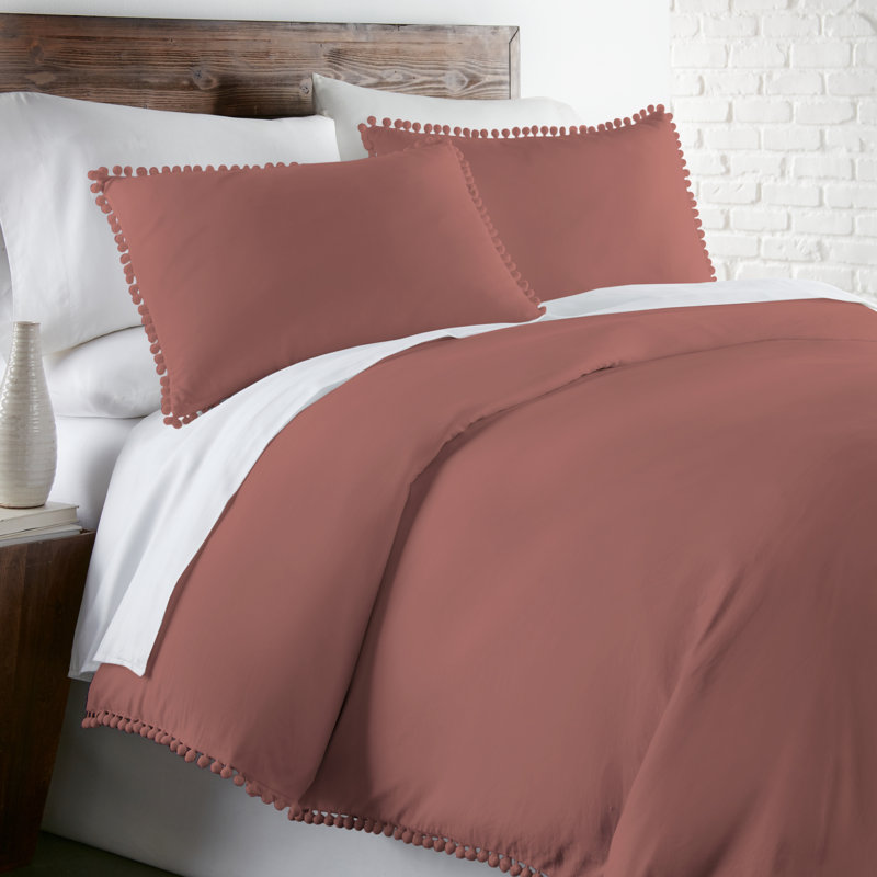 Pom Pom Oversized Microfiber Duvet Cover Set by Southshore Fine Linens, Full/Queen Duvet Cover + 2 Queen Shams, Rose
