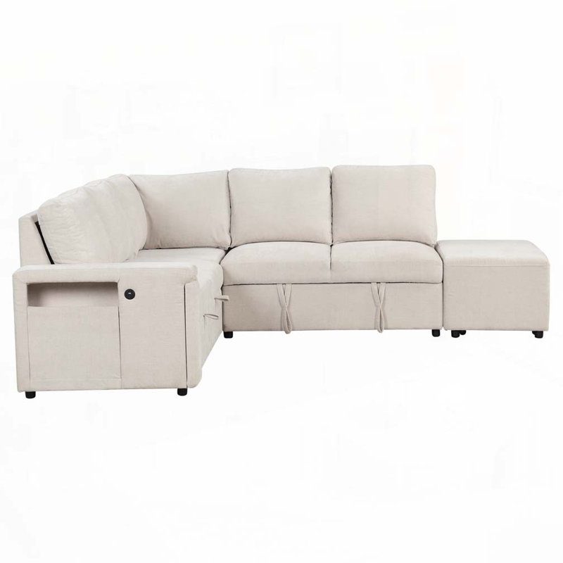 Canapé modulaire rembourré en L avec espace de rangement, ports USB et porte-gobelets sur les accoudoirs, Beige