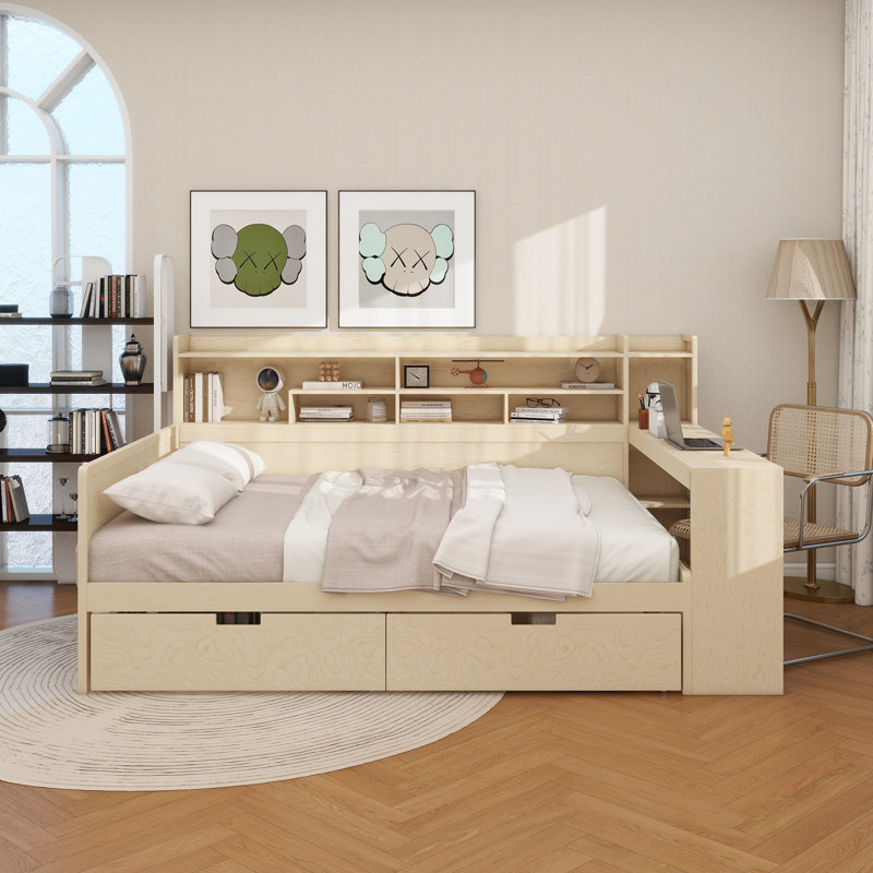 Wooden Full Size Daybed With Storage Shelves, Multi-Functional Bed With Two Storage Drawers And Study Desk, Antique White