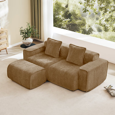 Streamlined Design Modular 3 Seat L Shape Sectional Boneless Sofa with French Edge Piping, No Assembly Required, 3-Seat Sofa Couch with Throw Pillows and 1 Movable Ottoman, Velvet Fabric Red