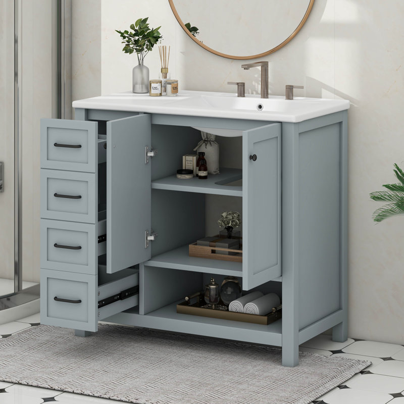 36" Bathroom Vanity With Sink Top, Two Doors And Two Drawers, Open Shelf, Gray