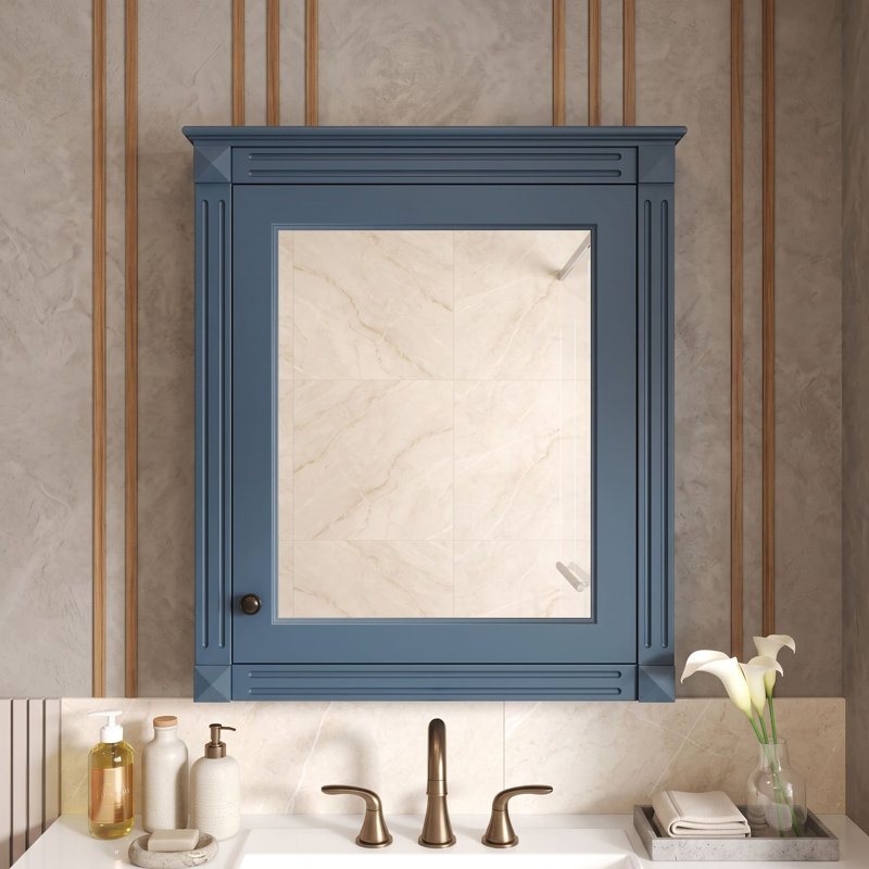 Armoire à pharmacie murale pour salle de bain avec miroir et étagères ajustables, porte, Bleu