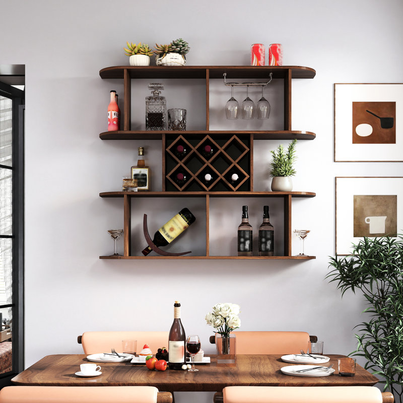 Support à vin mural multifonctionnel à 3 niveaux avec support en verre pour rangement dans la salle à manger, panneau de particules en noyer, profondeur 47,14 po, largeur 9,28 po, hauteur 40,76 po, lb 49,72 lb