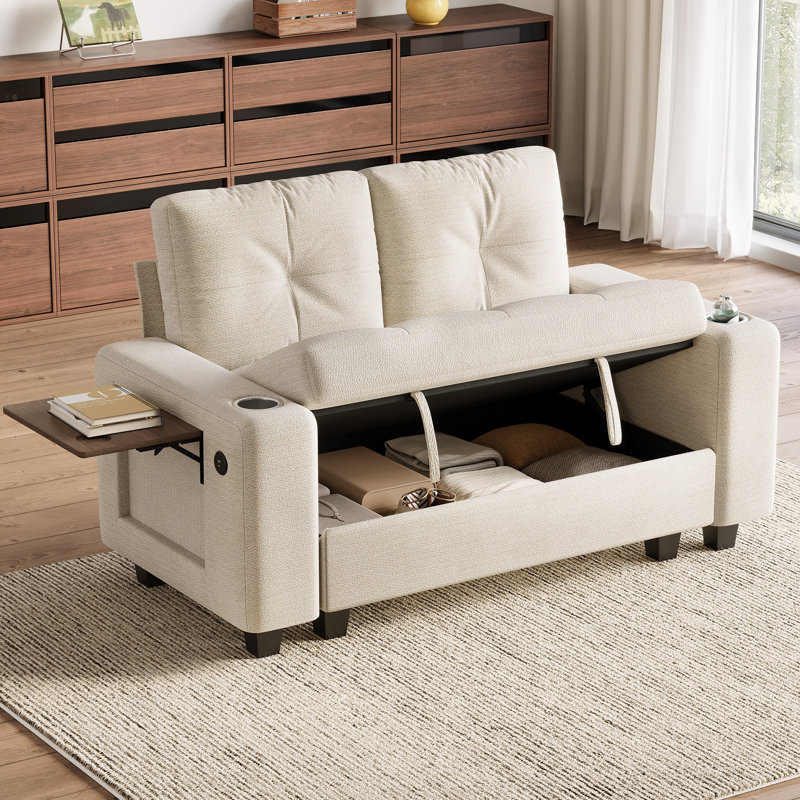 Canapé modulaire avec rangement d'appoint Benett, Beige, Accoudoirs de table d'appoint