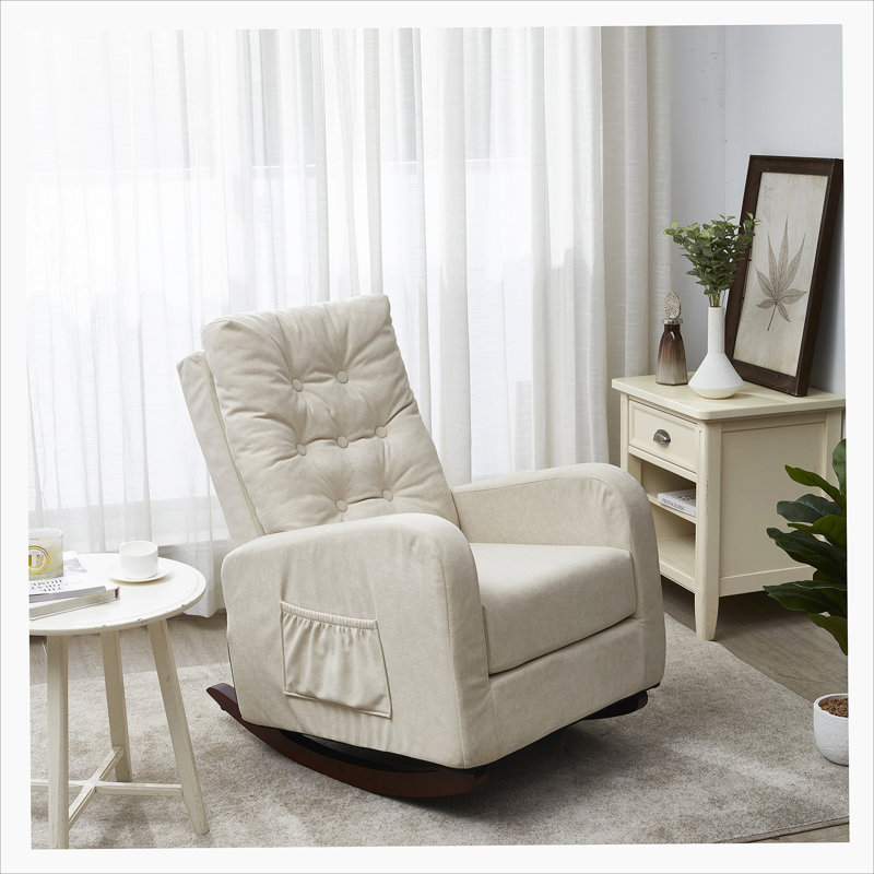 Rocking Chair Nursery Chair , Comfortable Rocker Fabric Padded Seat ,High Back Armchair, Beige Velvet