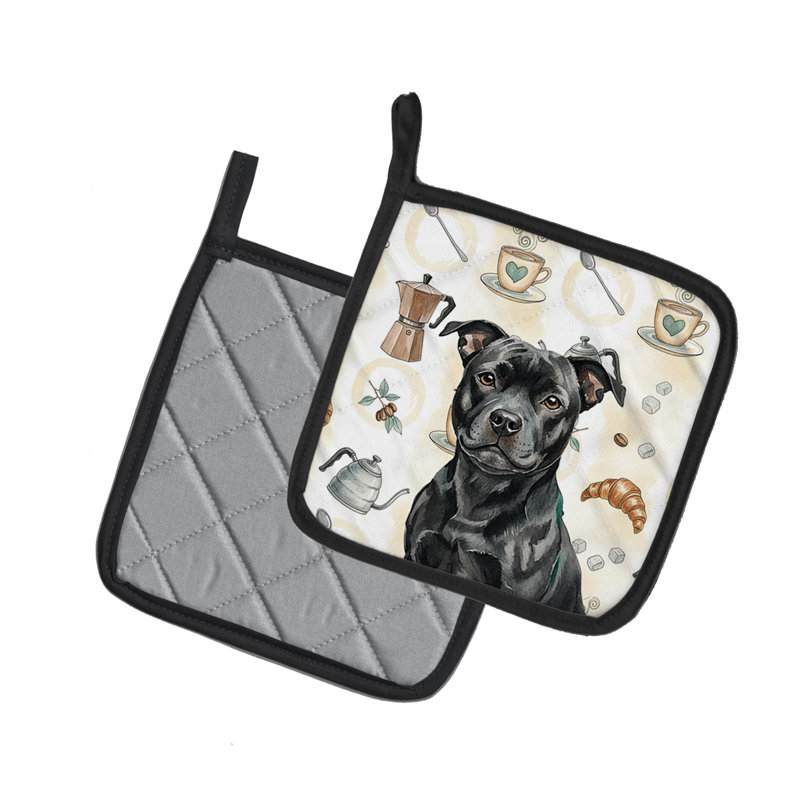 Black Staffordshire Bull Terrier Coffee Bar Pair of Pot Holders