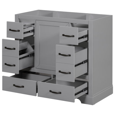 Meuble-lavabo 36 po sans lavabo, base d'armoire seulement avec 6 tiroirs, diviseur de tiroir multifonctionnel et tablette réglable, bois massif et panneau de fibres à densité moyenne pour la salle de bain