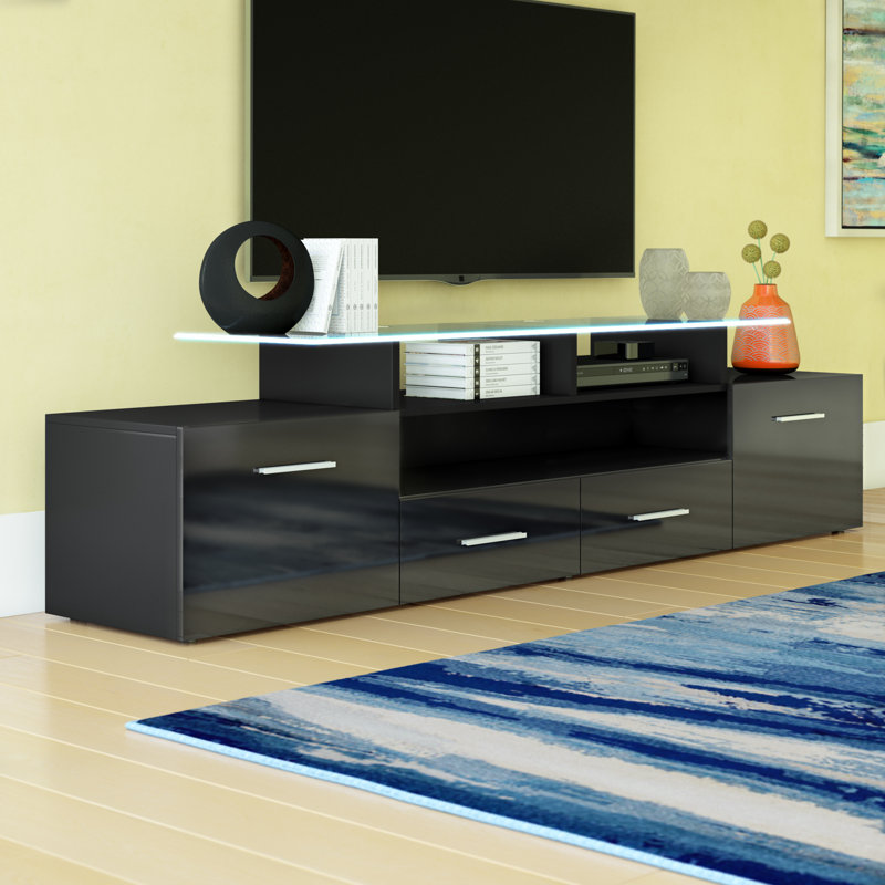 Casares 76.3" Modern TV Stand with LED Lighting, High Gloss Finish, Media Storage, Black