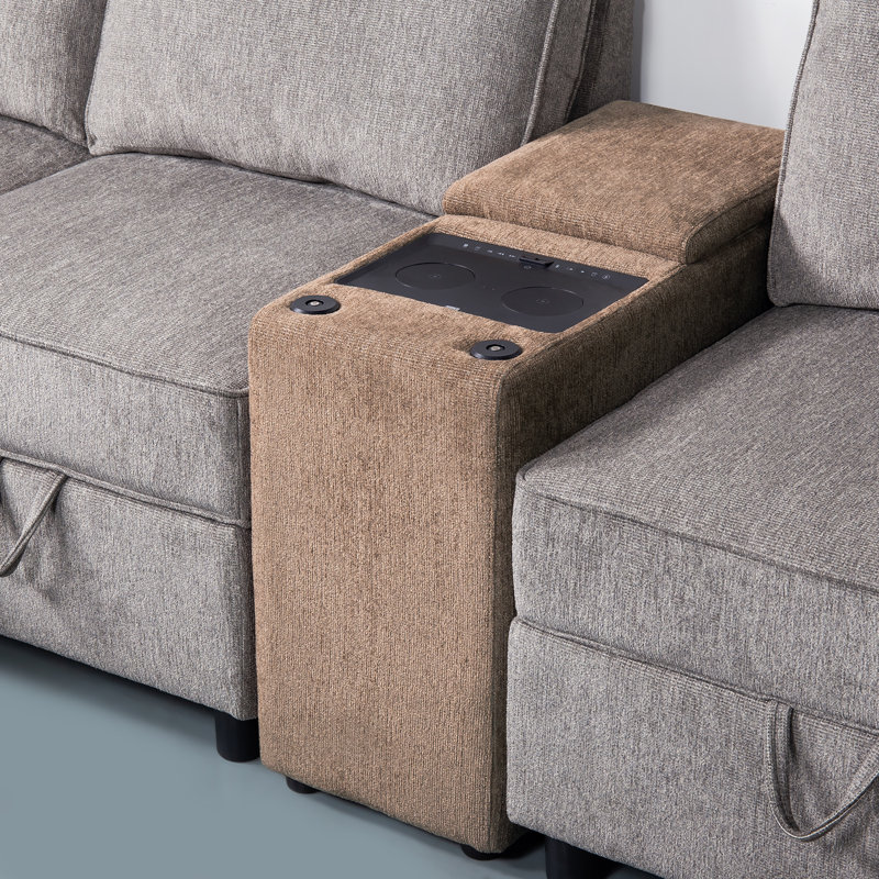 Madella Audio Smart End Tables with Storage and Built-in Outlets,Power Grommet for Sofa Sectional, Latte