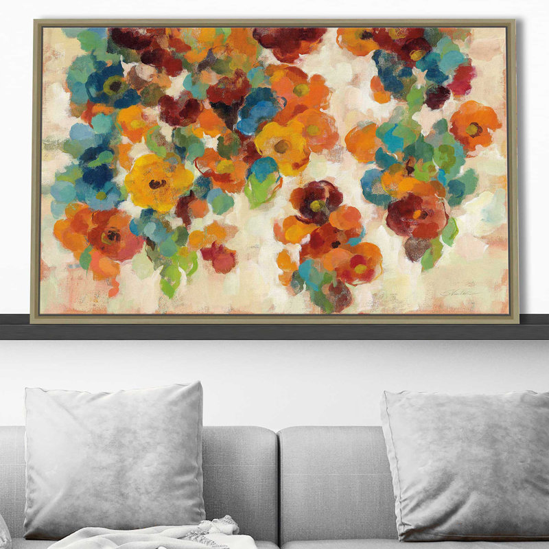 Épice et fleurs turquoise - Peinture, Cadre flottant champagne, H 27,5 po x l 43,5 po x P 2 po