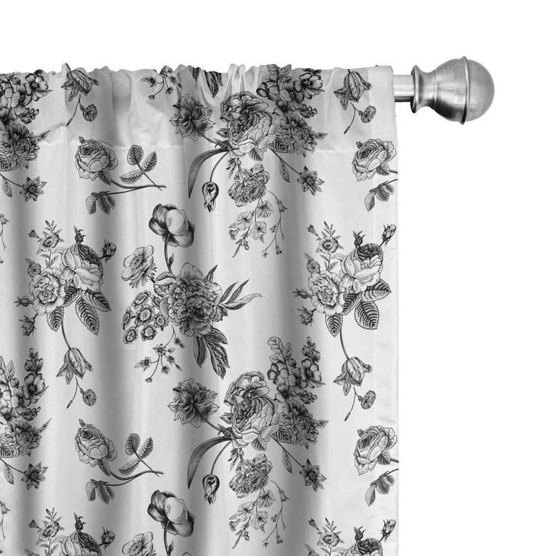 Victorian Black and White Floral Polyester Curtain Panels, 28" x 63"