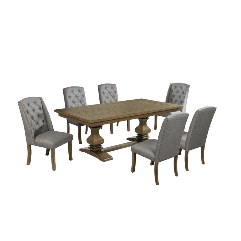 Ensemble de salle à manger en chêne brun avec chaises d'appoint capitonnées, Gris