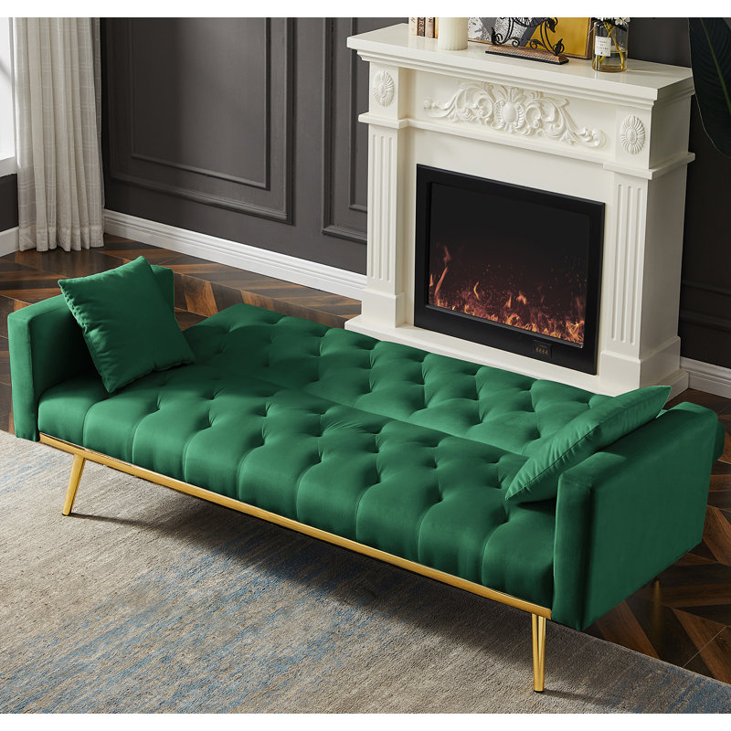 Canapé-lit simple à dossier capitonné de 73,2 po de largeur, Velours vert