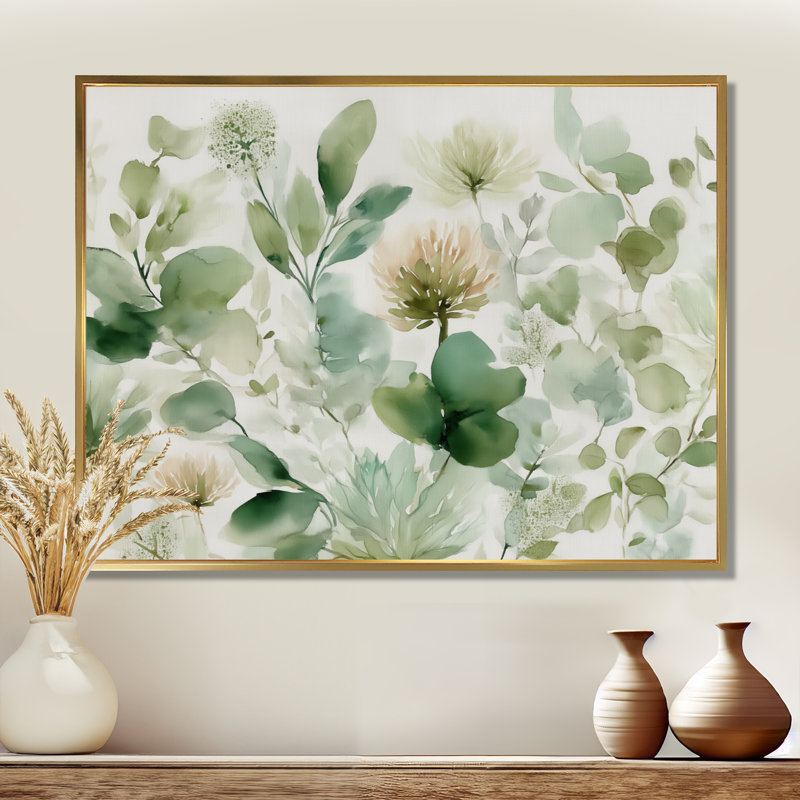 «Watercolor Greenery Sage Watercolor - Plants», impression sur toile botanique verte, H 12 po x l 20 po, Cadre flottant, Doré