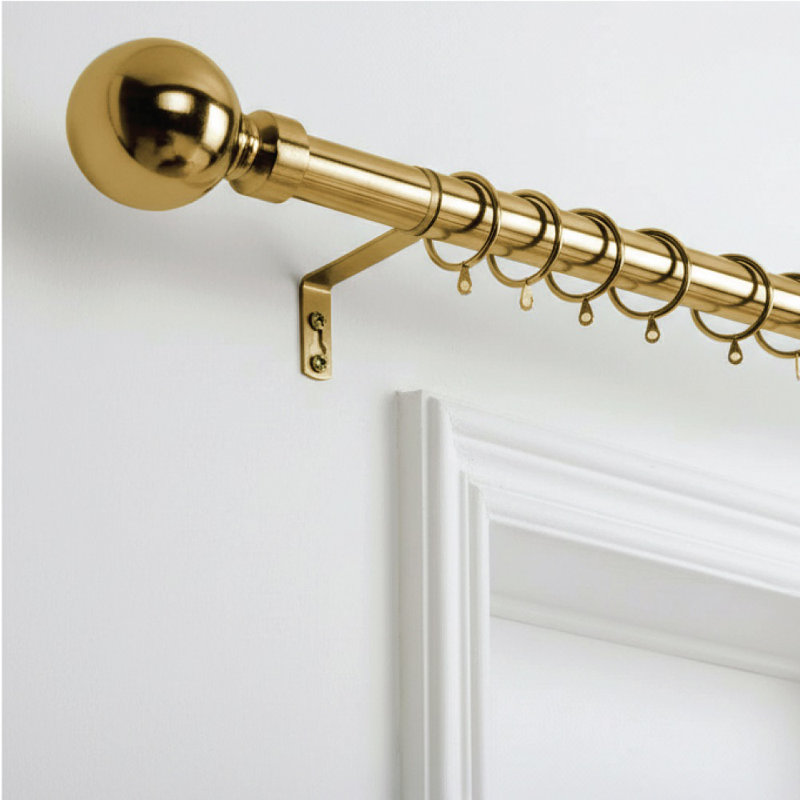 Extendable Metal Curtain Pole with Rings & Brass Finials, Adjustable Window Curtain Rod for Home & Office, Antique Brass