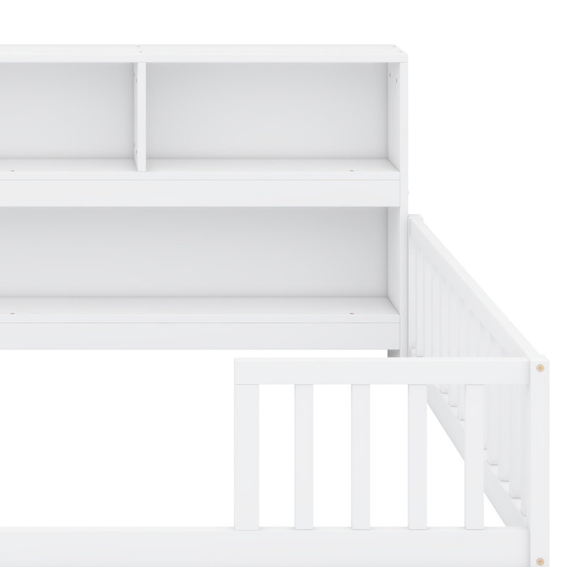 Kids Floor Bed Frame with Side Storage Shelves, and Guardrails, White