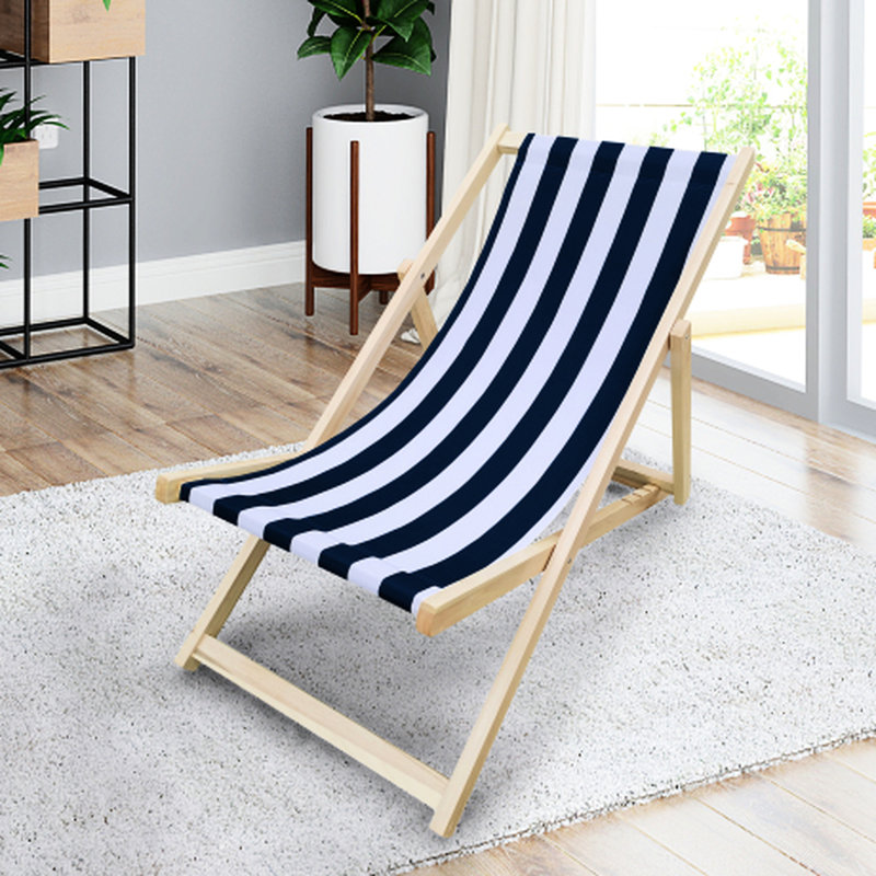 Populus Wood Sling Chair With Blue Stripe - Outdoor Folding Chaise Lounge, 23.6 In. Width, Dark Color Chair, For Garden & Pool, 7.62 Lb Weight, 220 Lbs Capacity