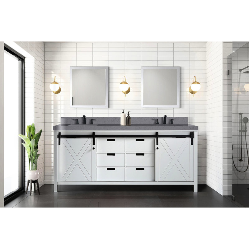 80 po W Double meuble-lavabo blanc avec comptoir en quartz gris, 30 miroirs, structure à fermeture douce et structure intérieure remplie de contreplaqué
