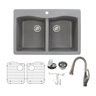 Évier de cuisine à double cuve avec robinet l 33 po x l 22 po granite Aversa