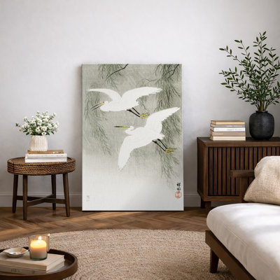 Japanese Minimalist Crane Birds Artwork, Elegant Oriental Bird Illustration Pictures, Framed Canvas Giclee Print Wall Art