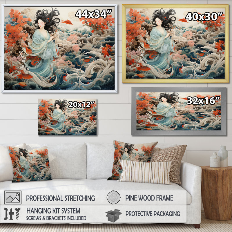 «China Art Silk Emb broderie», reproduction d'art sur toile encadrée, 12" H x 20" W, Cadre flottant brun