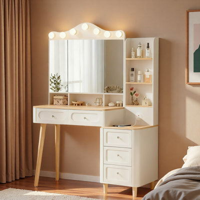 Vanity Desk With 3 Lighting Colors Foldable Three-sided Mirror, 2 Usb Power Strip And 5 Drawers