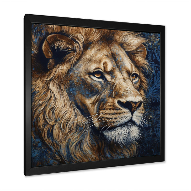 Majestic lion III - décoration murale lion, H 36 po x l 36 po x P 1,5 po, Cadre simple noir