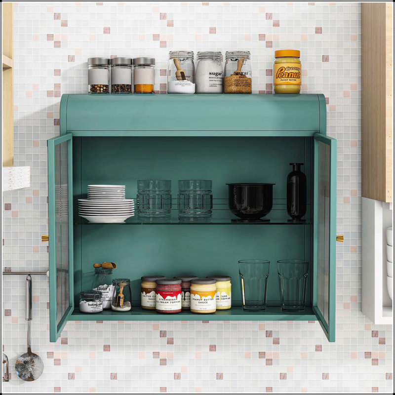 Versatile 2-Door Wall-Mounted Metal Storage Cabinet for Various Rooms with Tempered Glass Doors and Shelves, Antique Black