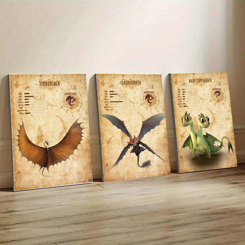 Ensemble de 3 affiches encadrées, impressions décoratives sur toile « Dragons », Timberjack Cloudjumper Zippleback, style vintage, pour la décoration de la maison, du bureau ou de la chambre d'enfant ; cadeau unique pour les passionnés de dragons.