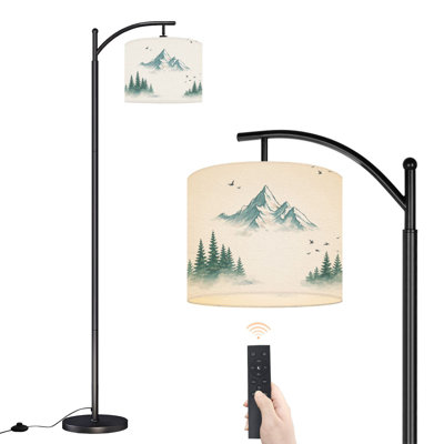 Arc Floor Lamp with Adjustable Lampshade Mountain Pine Forest Mist Birds Ink Standing Lamp 3 Colour Temperatures Dimmable Tall Pole Lamp with Foot Switch for Bedroom