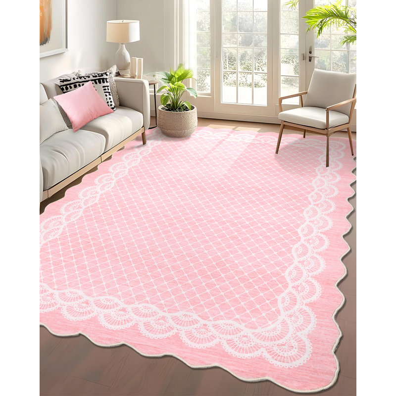 Machine Washable Scalloped Area Rugs Modern Bordered Floor Mats, Non-Slip Contemporary Accent Rug, Non Shedding Soft Low Pile Indoor Carpet for Living Room, Bedroom, Kitchen