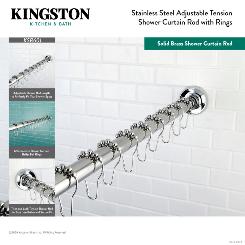 Kingston Brass Edenscape 60-Inch to 72-Inch Adjustable Shower Curtain Rod with Rings Combo, Polished Chrome