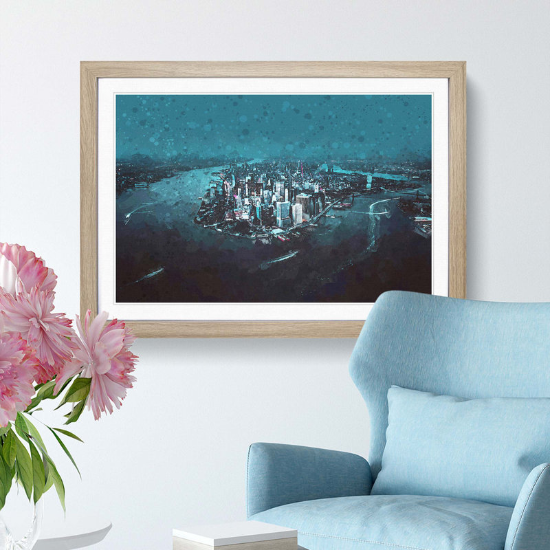 Skyline of New York at Night in Abstract - Picture Frame Graphic Art Print, 36cm H x 48cm W x 2cm D, Oak Framed
