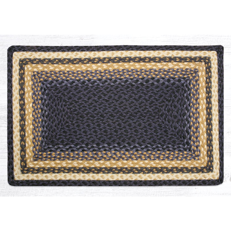  Light Blue, Dark Blue & Mustard Oblong Braided Rug – Handcrafted Quality, Rectangle 1'8" x 2'6"