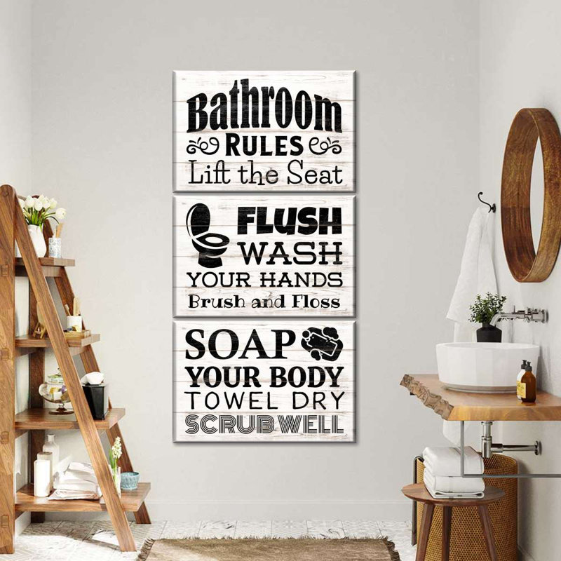 «Bathroom Humor Quotes Quick Bathroom Rules on Canvas», reproduction de 3 pièces, H 27 po x l 12 po x P 1 po
