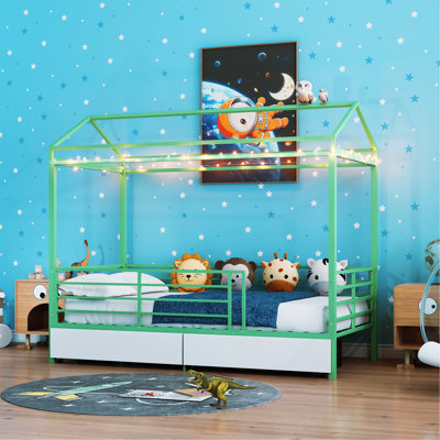 Lit de maison pour enfants, lit de plancher pour garçons, cadre de lit avec toit, aucun sommier nécessaire