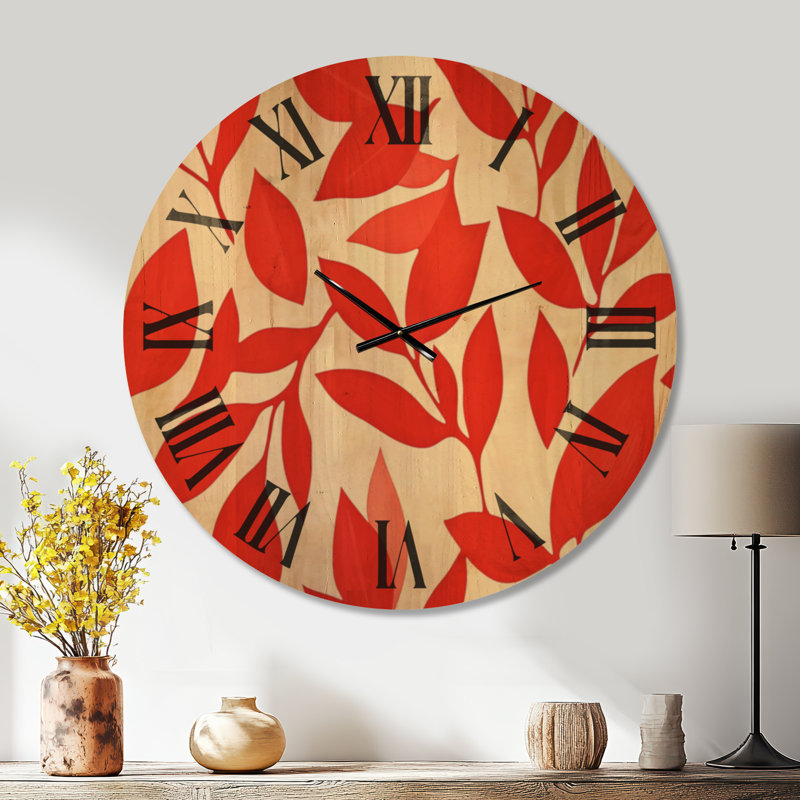 Horloge murale Foliage Silent Wood - Calm Collage de feuilles botaniques, Oversized