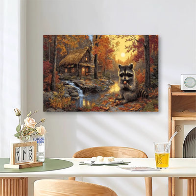 Mignon raton laveur mangeant des glands, grande galerie d'art sur toile tendue pour le salon et la chambre à coucher