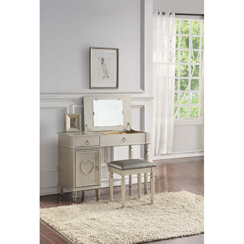 Bedroom Vanity Set W Stool Open Up Mirror Storage Space Drawers Rubber Wood Ring Pull Handles Silver Color Vanity, Silver