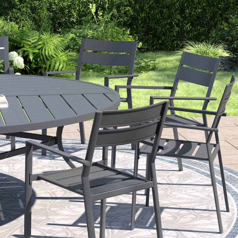 10-Person Patio Dining Set with 63" Extra Large Round Dining Table and 10 Stackable Metal Dining Chairs, Gray