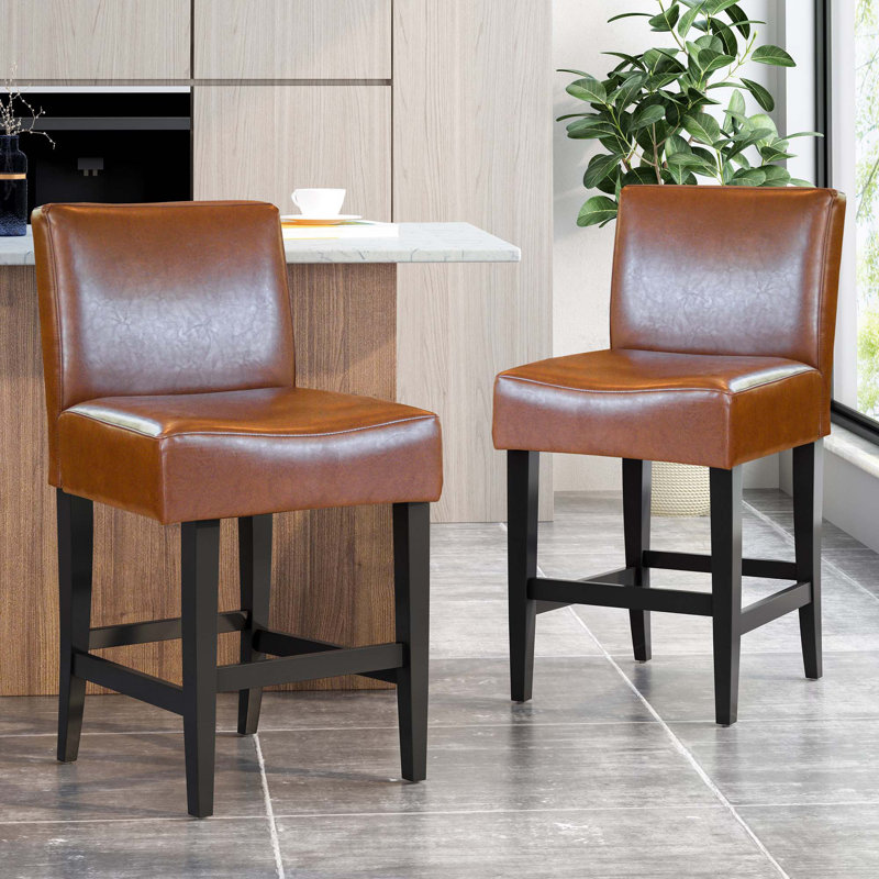 Upholstered Counter Stool With Solid Wood Frame,Set Of 2, Brown