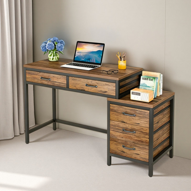 Bureau de style industriel, bureau d'ordinateur, table d'écriture, Brun rustique / noir