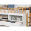 Lit simple capitaine avec lit gigogne de style transitionnel blanc et chêne, bois franc massif, structure en bois franc à tablettes latérales ouvertes, bibliothèque