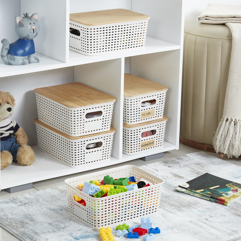 Set of 6 Stackable 5.2QT Plastic Storage Containers With Bamboo Lids & Label Holder, 10×7.2×4.1 Inch Multipurpose Organizer Bins for Pantry Closet Desk Office