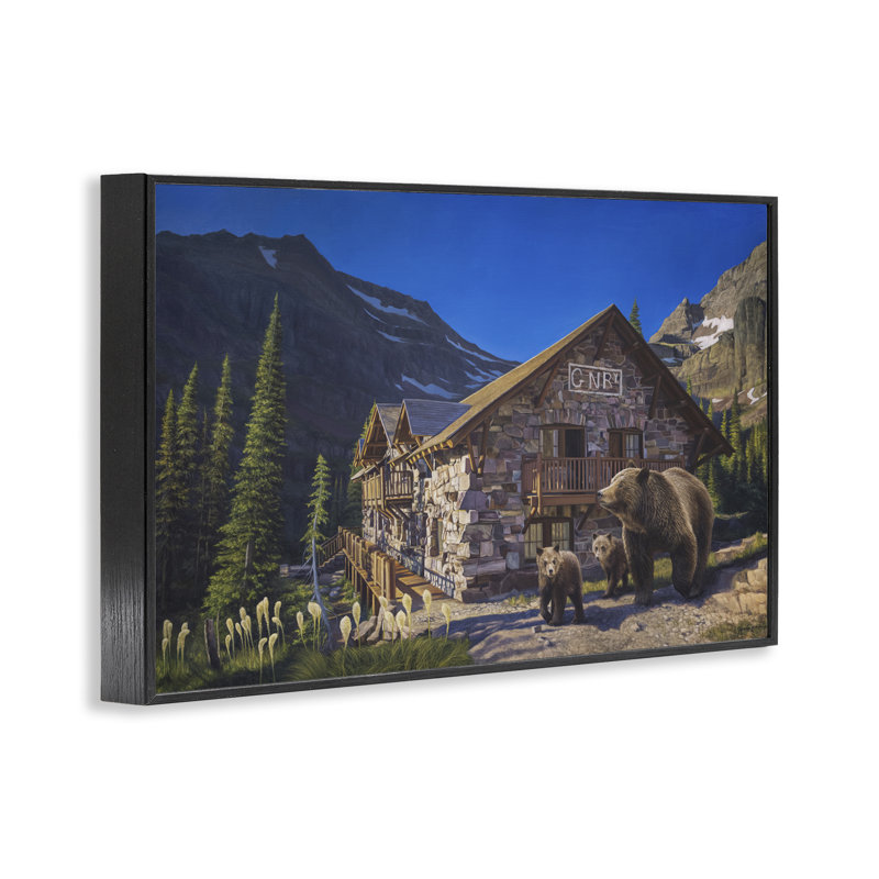 «Forest Cabin & Bears», estampe numérique, conception de James Corwin, H 12 po x l 18 po, Giclée encadrée noir minuit