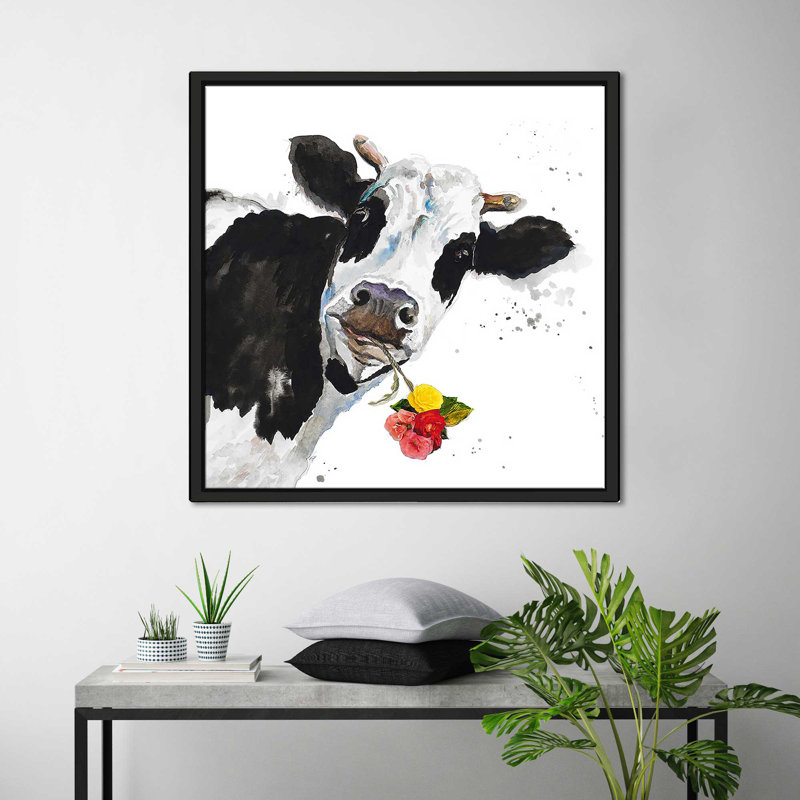 «Crazy Cow (Square)» par Patricia Pinto, reproduction, H 39,5 po x l 39,5 po x P 2 po, Cadre flottant noir